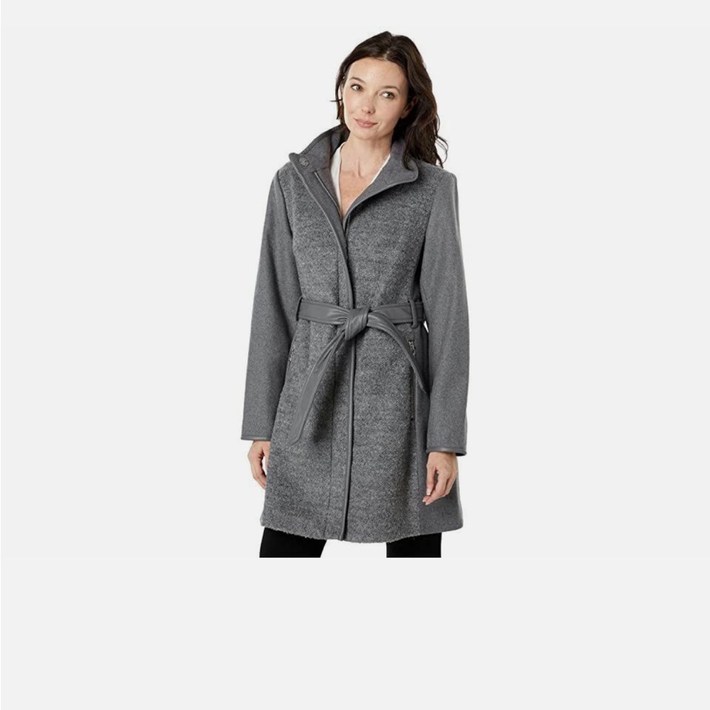 Vince Camuto Women's Gray Wool High Neck Belted Coat